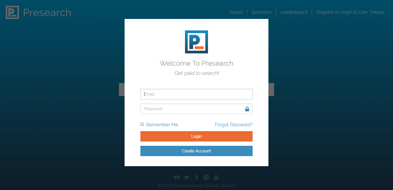 Sign in page for Presearch