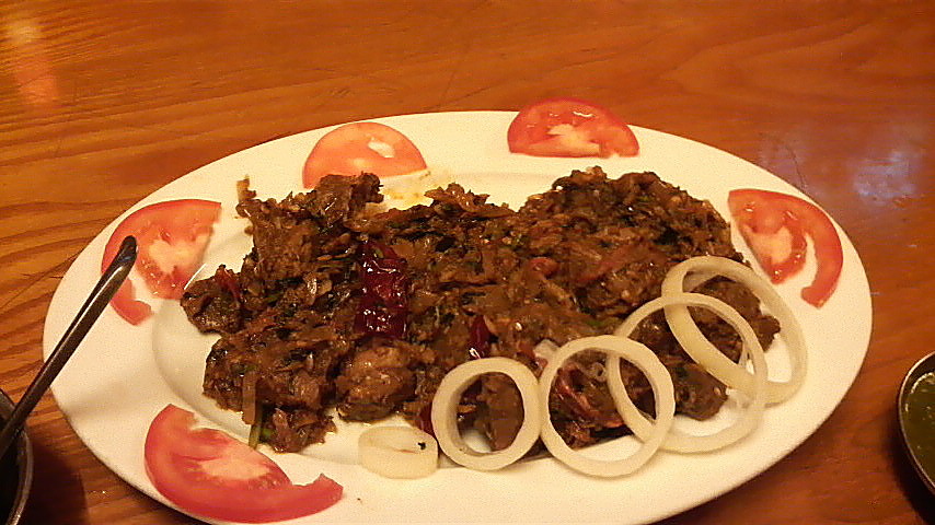 A close up view of that aforepictured pepper mutton dish, with garnishes.