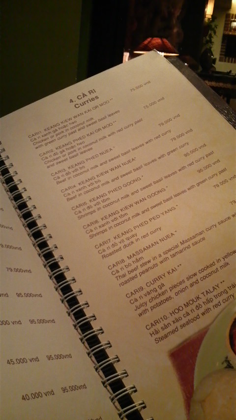 The curry page from the menu at Sawasdee Restaurant in Ho Chi Minh City